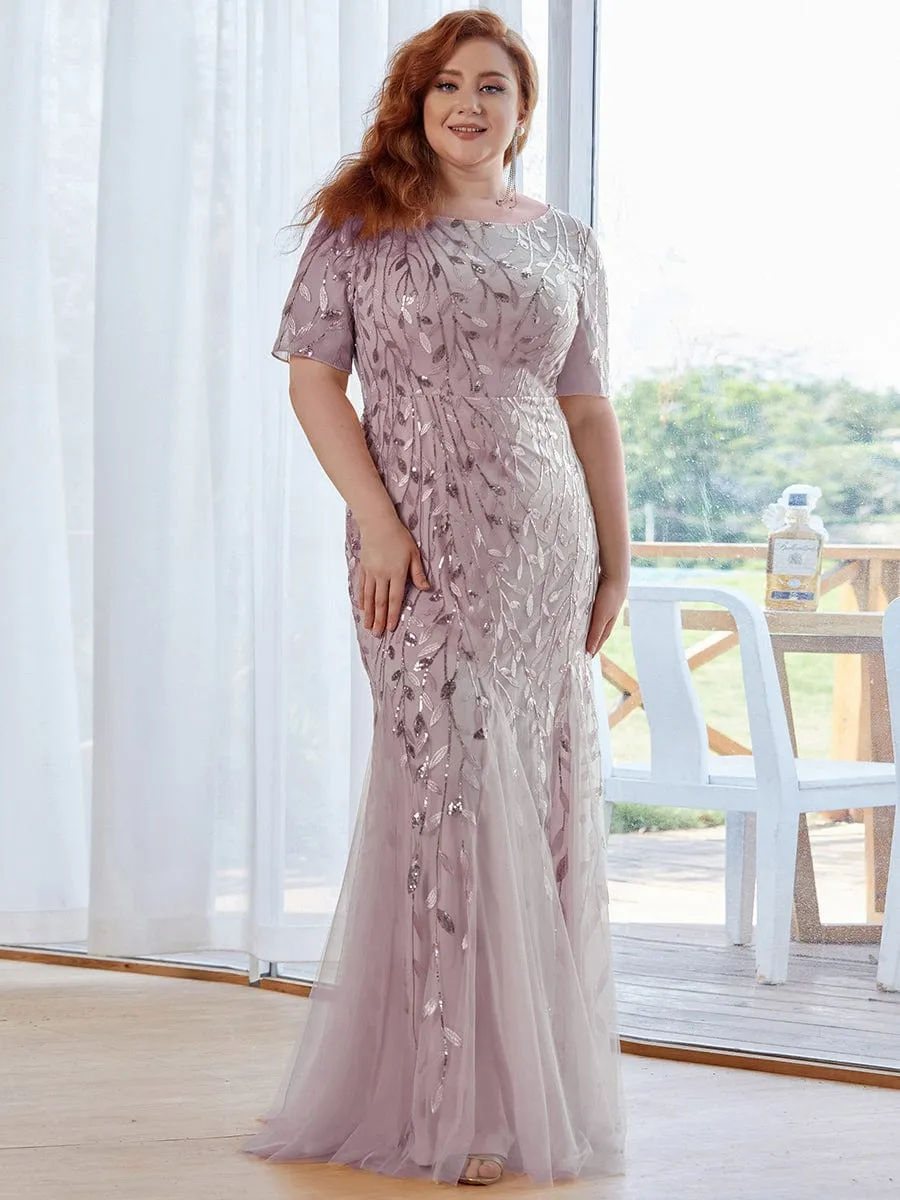 Floral Sequin Print Plus Size Mermaid Tulle Evening Dress