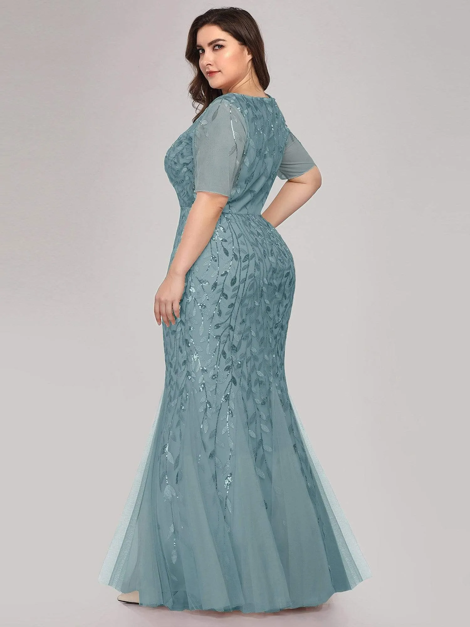 Floral Sequin Print Plus Size Mermaid Tulle Evening Dress