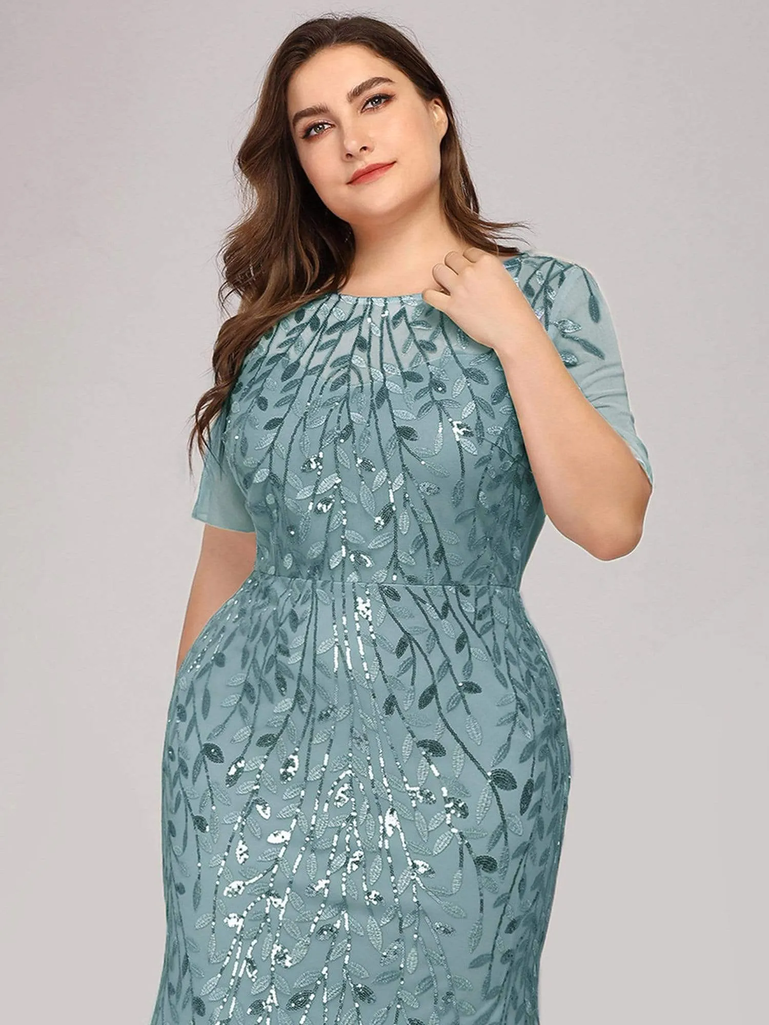 Floral Sequin Print Plus Size Mermaid Tulle Evening Dress