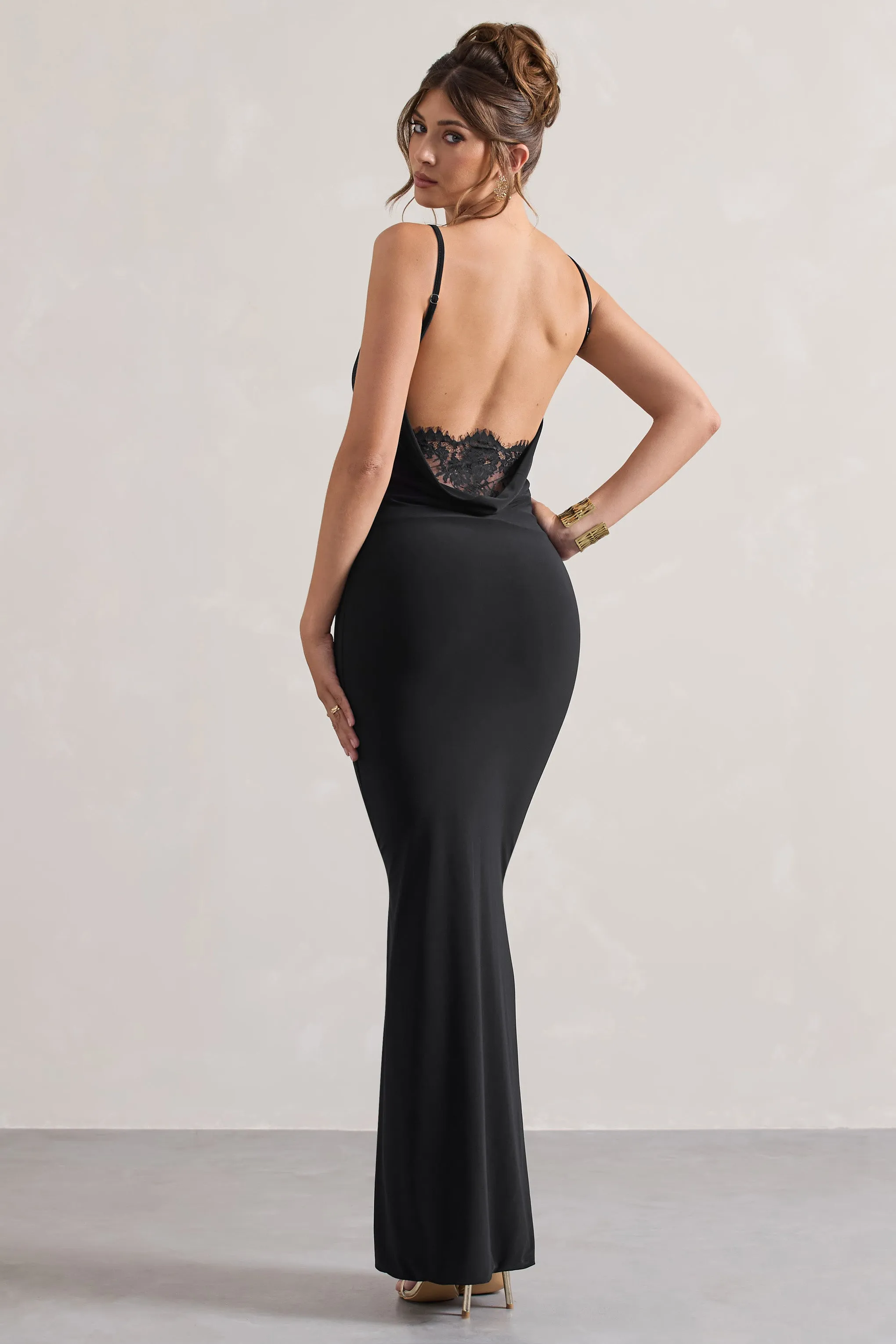 Francoise | Black Cowl Neck Backless Maxi Dress With Lace Insert