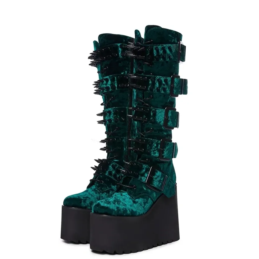 Funki Buys | Boots | Women's Green Wedge Platform Rivet Boots