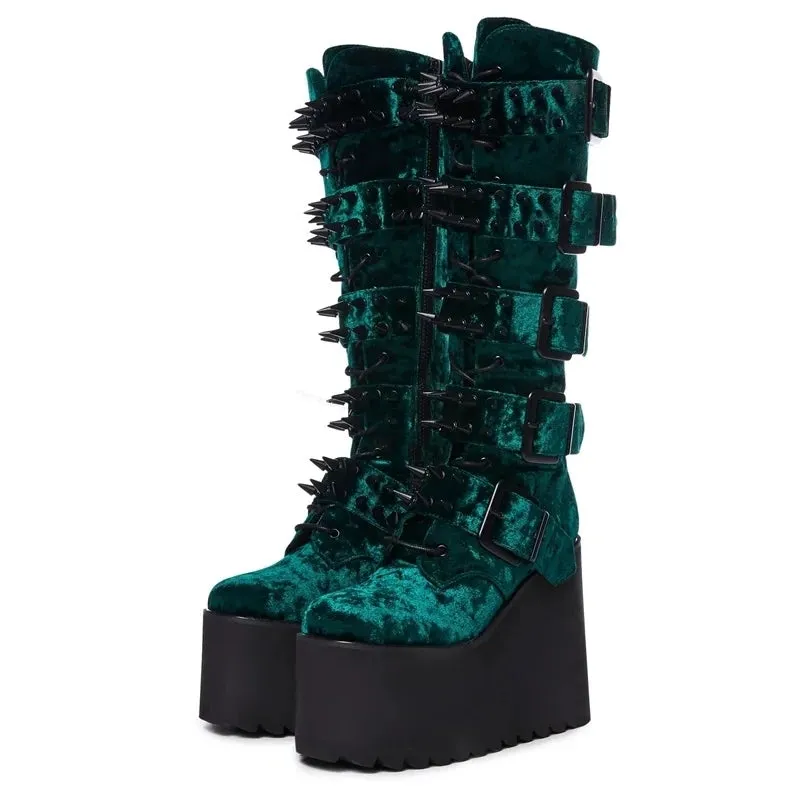 Funki Buys | Boots | Women's Green Wedge Platform Rivet Boots