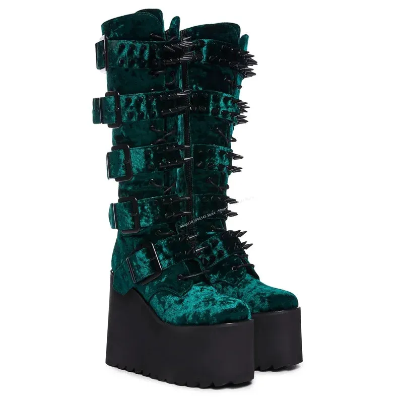 Funki Buys | Boots | Women's Green Wedge Platform Rivet Boots