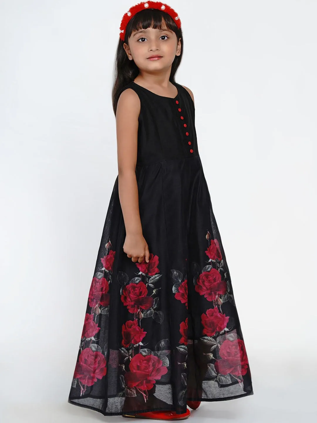 Girl's Black & Red Floral Printed A-Line Maxi Dress - NOZ2TOZ KIDS