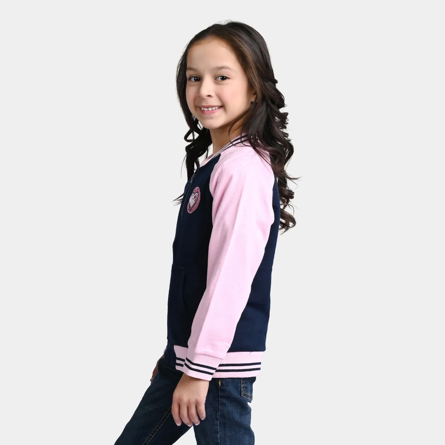 Girls Fleece Knitted Jacket Heart-Pink/Navy