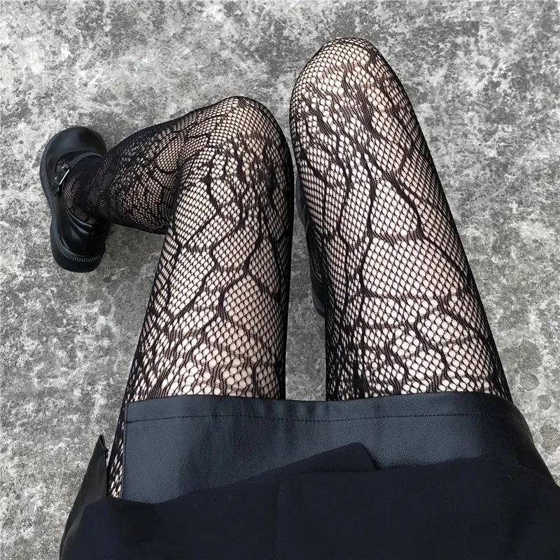 Gothic Tights Women Leggings Lolita Hollowed Out Mesh Stockings Japanese Bottomed Lace Pantyhose Floral Rattan Black Stocking