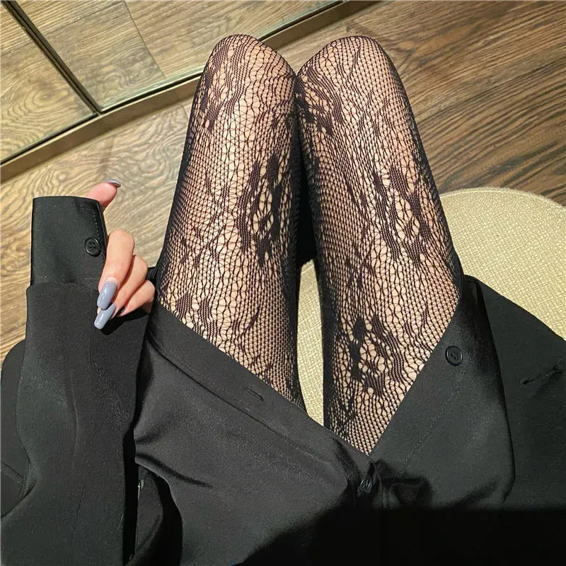 Gothic Tights Women Leggings Lolita Hollowed Out Mesh Stockings Japanese Bottomed Lace Pantyhose Floral Rattan Black Stocking