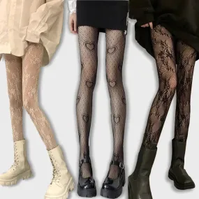 Gothic Tights Women Leggings Lolita Hollowed Out Mesh Stockings Japanese Bottomed Lace Pantyhose Floral Rattan Black Stocking