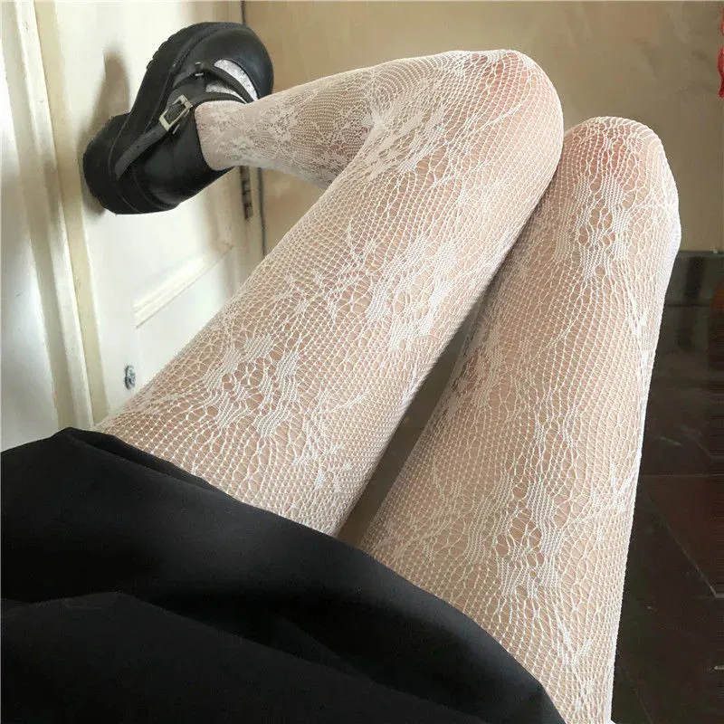 Gothic Tights Women Leggings Lolita Hollowed Out Mesh Stockings Japanese Bottomed Lace Pantyhose Floral Rattan Black Stocking