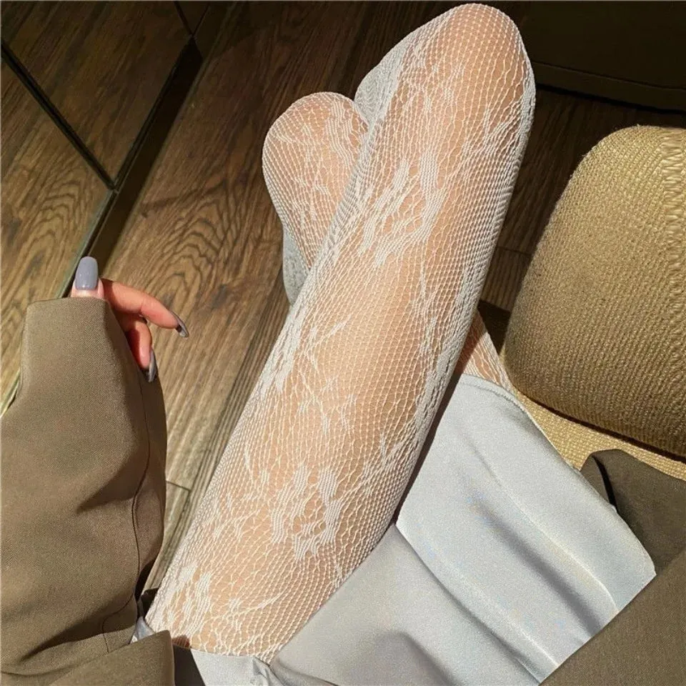 Gothic Tights Women Leggings Lolita Hollowed Out Mesh Stockings Japanese Bottomed Lace Pantyhose Floral Rattan Black Stocking