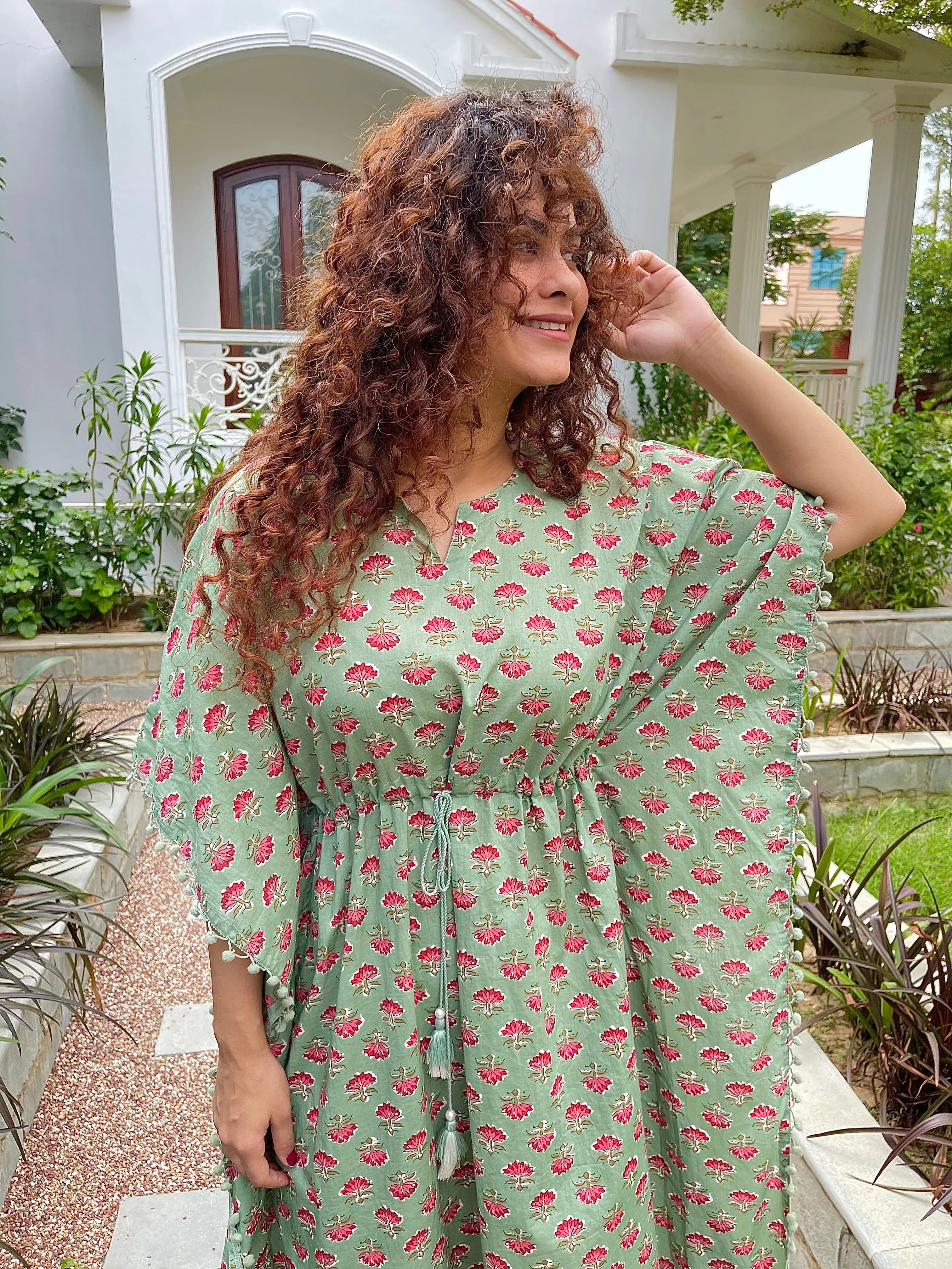 Green and Pink Printed Tassel Kaftan