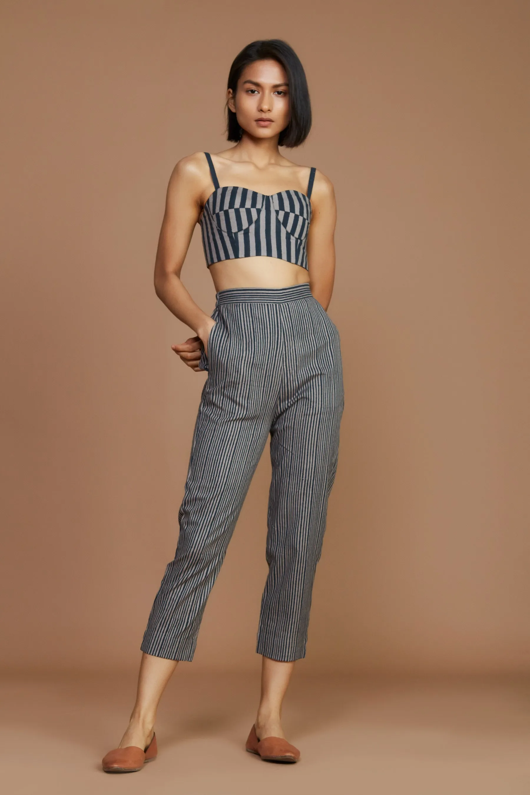 Grey Black Striped Cotton Corset Top