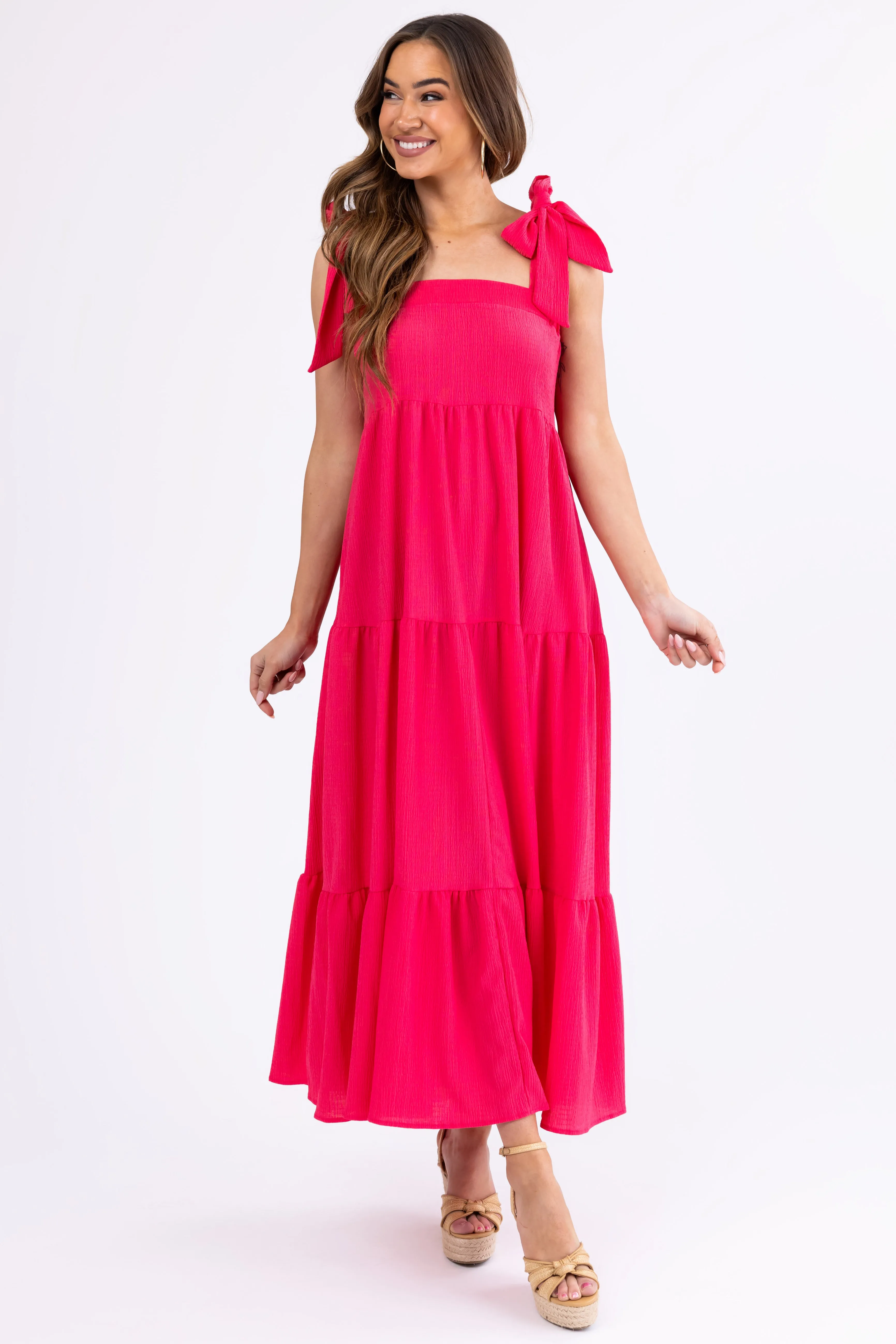 Hot Pink Adjustable Tie Strap Tiered Maxi Dress