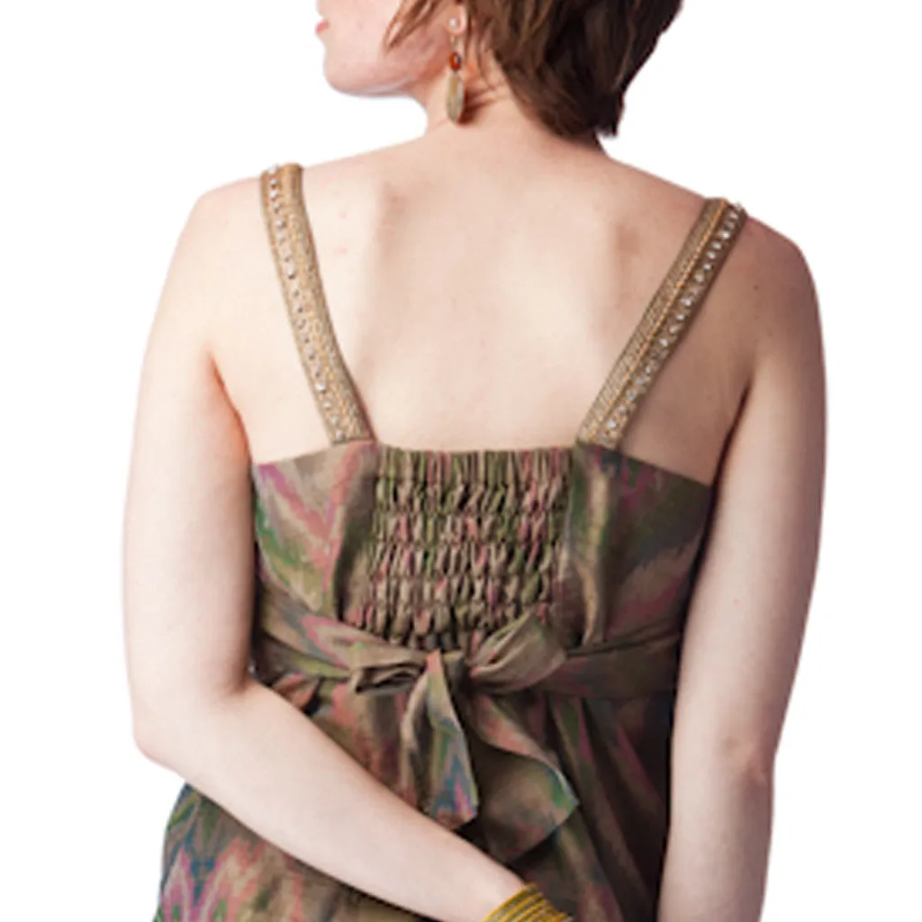 Ikat Silk Beaded Straps Olive Green Dress