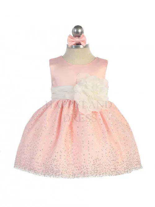 Ivory Sleeveless Satin Bodice Infant Girl Dress with Sparkle Tulle Skirt