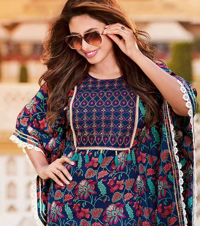 Kajal Style Cotton Blue Kaftans Dress with Fancy Embroidery