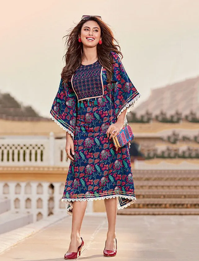 Kajal Style Cotton Blue Kaftans Dress with Fancy Embroidery