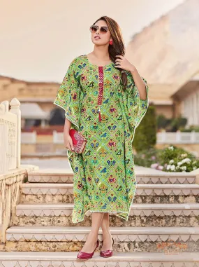 Kajal Style Cotton Green Kaftans Dress with Fancy Embroidery for Women