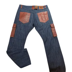 Kashani Denim Cargo Jeans w/ Cognac Alligator Embossed Pockets