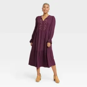 Knox Rose Women's Long Sleeve Embroidered Midi Casual Dress A-Line