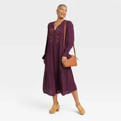 Knox Rose Women's Long Sleeve Embroidered Midi Casual Dress A-Line