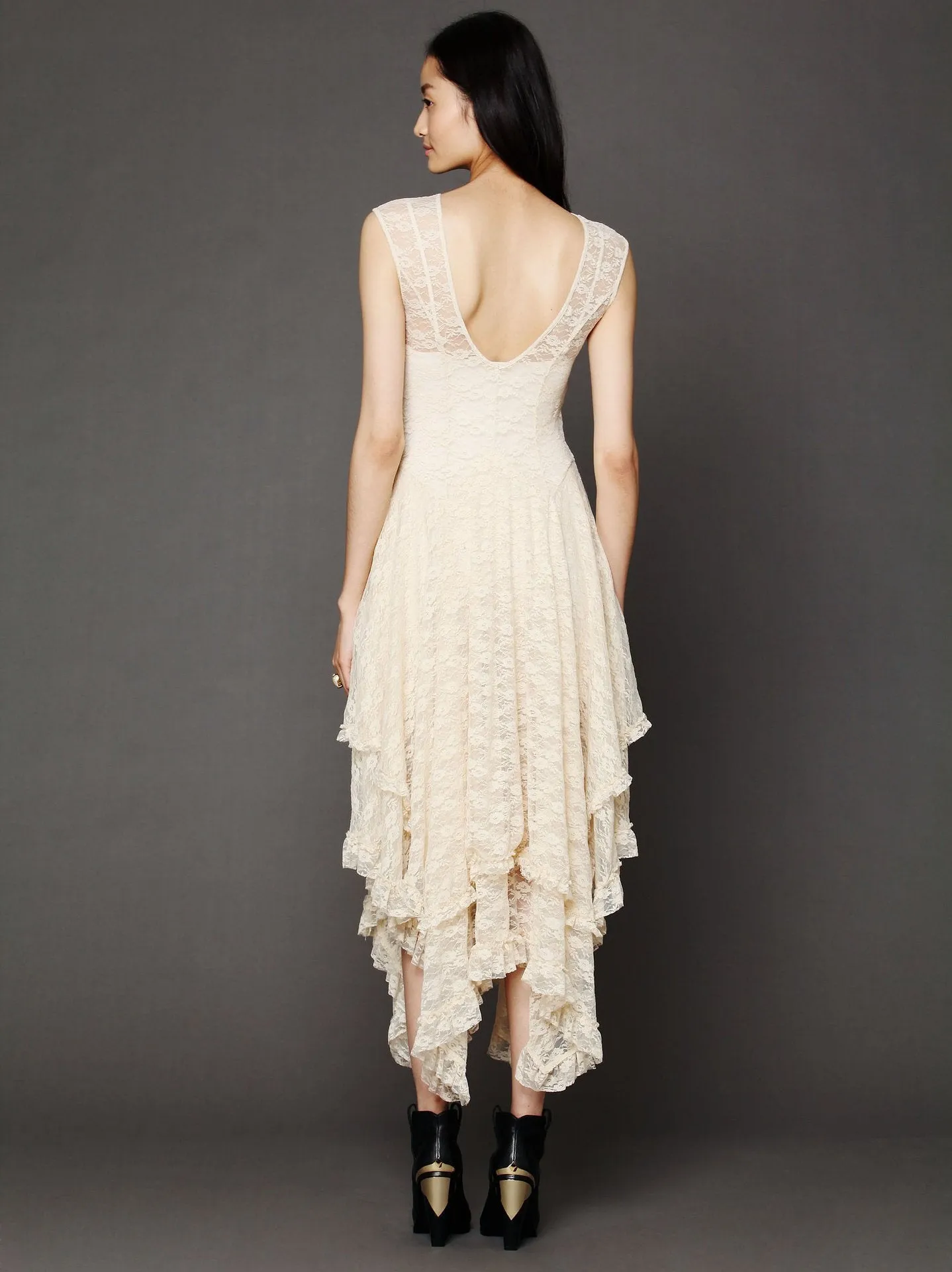 Lace Solid Color Irregular Maxi Dress