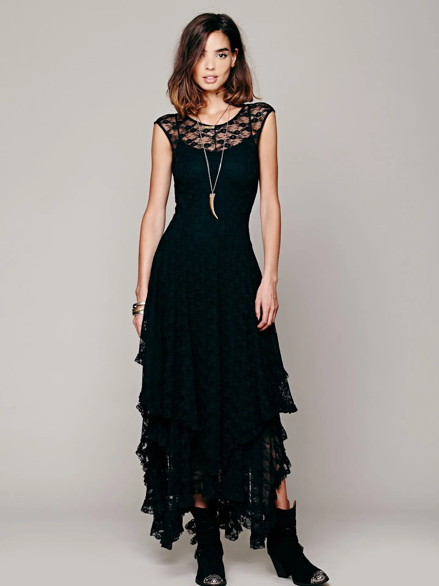 Lace Solid Color Irregular Maxi Dress