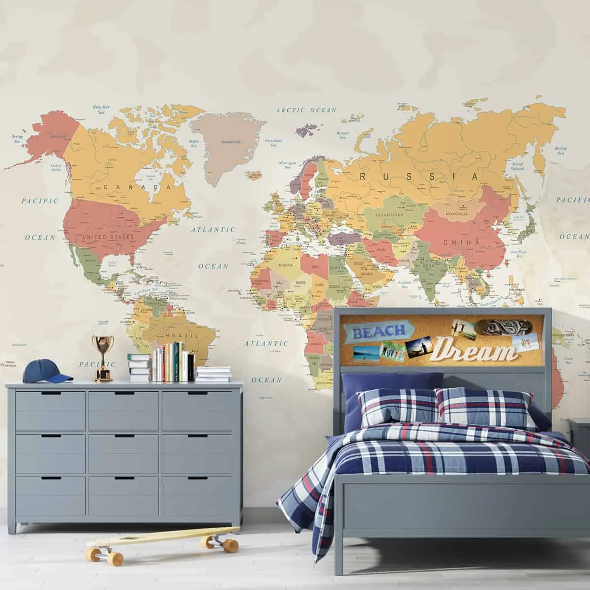 Large World Map Wallpaper, Pastel Shades, Customised