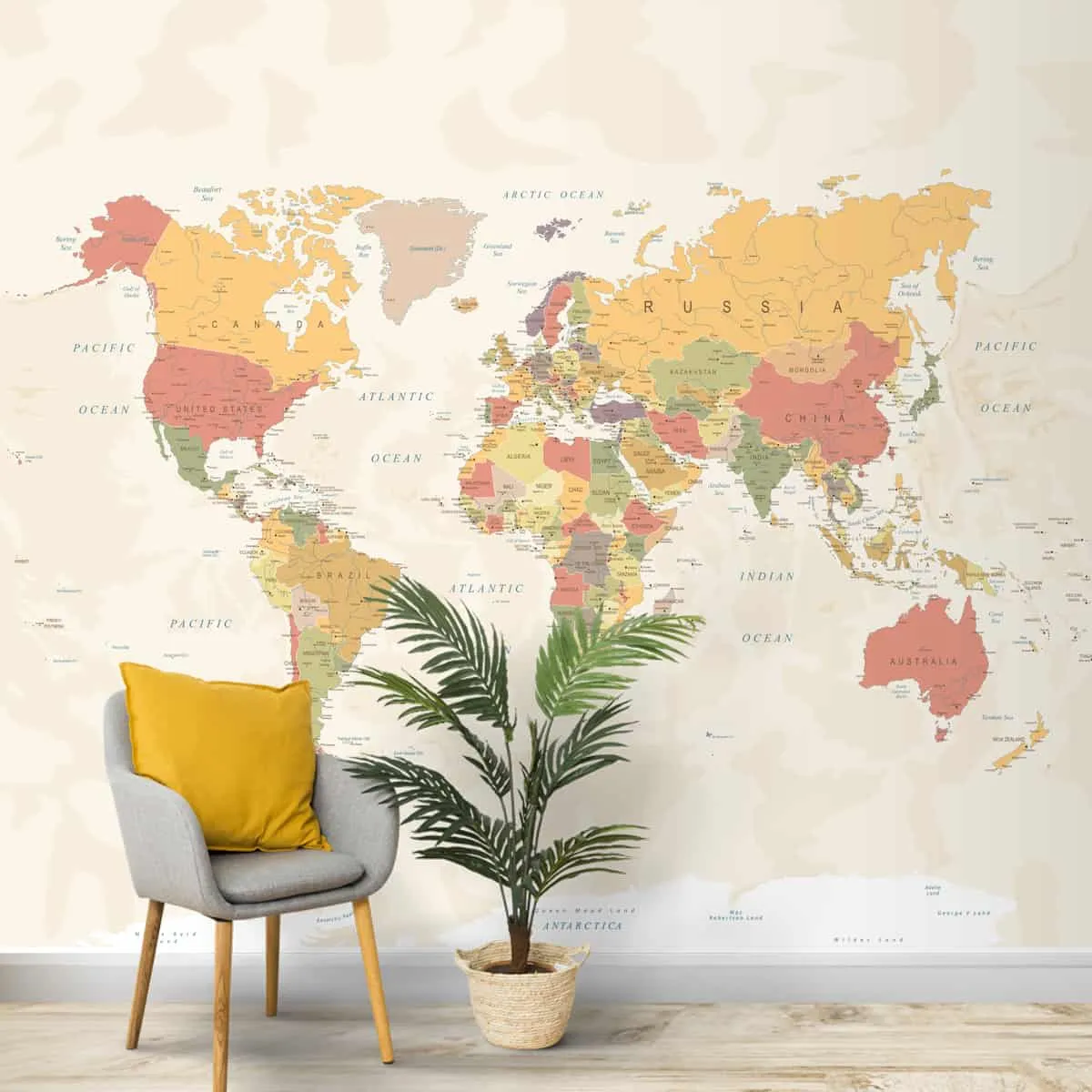 Large World Map Wallpaper, Pastel Shades, Customised