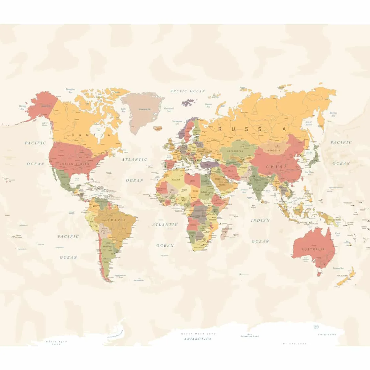 Large World Map Wallpaper, Pastel Shades, Customised