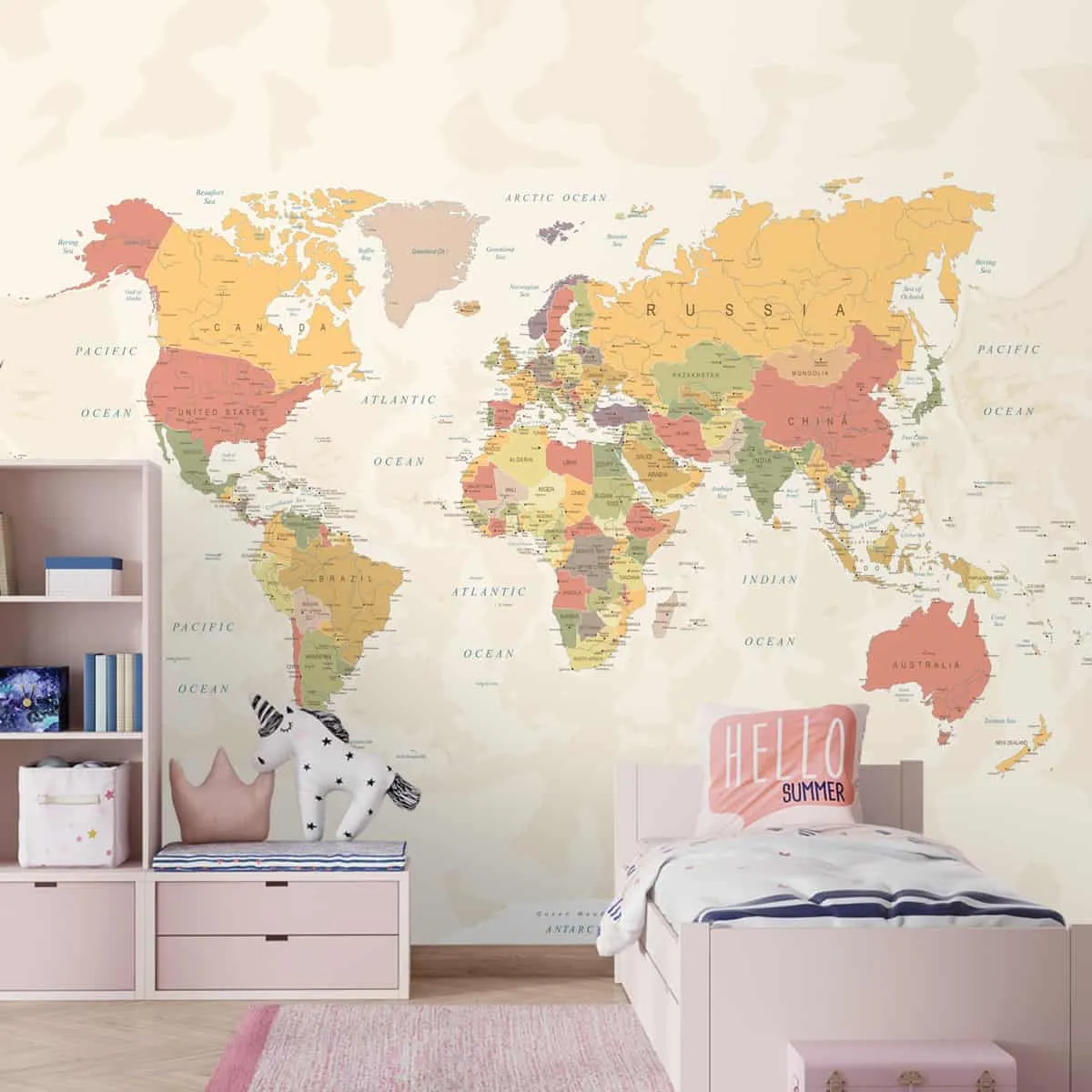 Large World Map Wallpaper, Pastel Shades, Customised