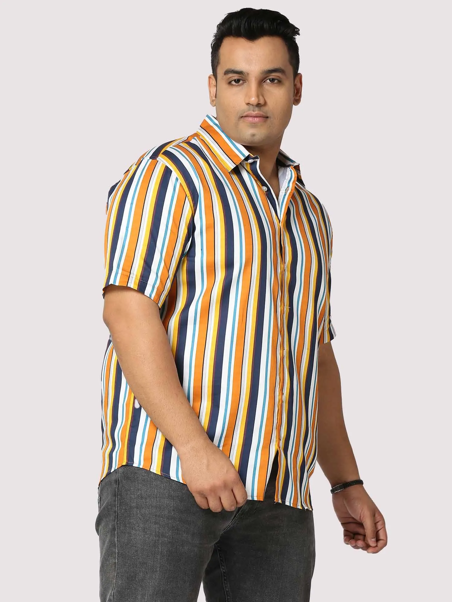 Lemon Stripes Digital Printed Half Shirt Men's Plus Size