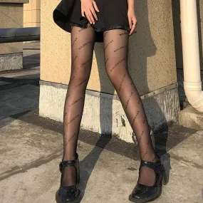 Letter print sheer mesh tights