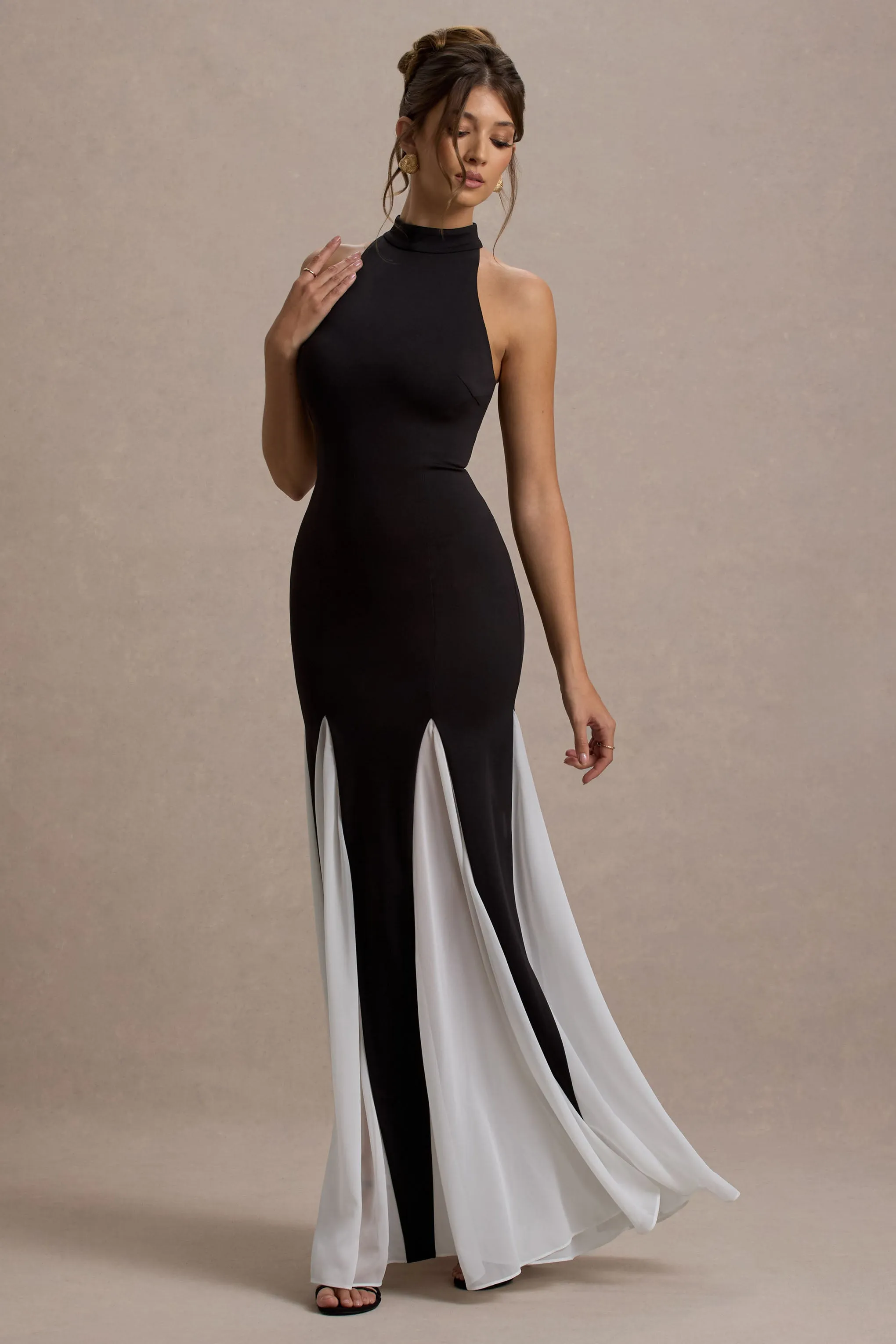 Litzy | Black High-Neck Maxi Dress With White Chiffon Trim