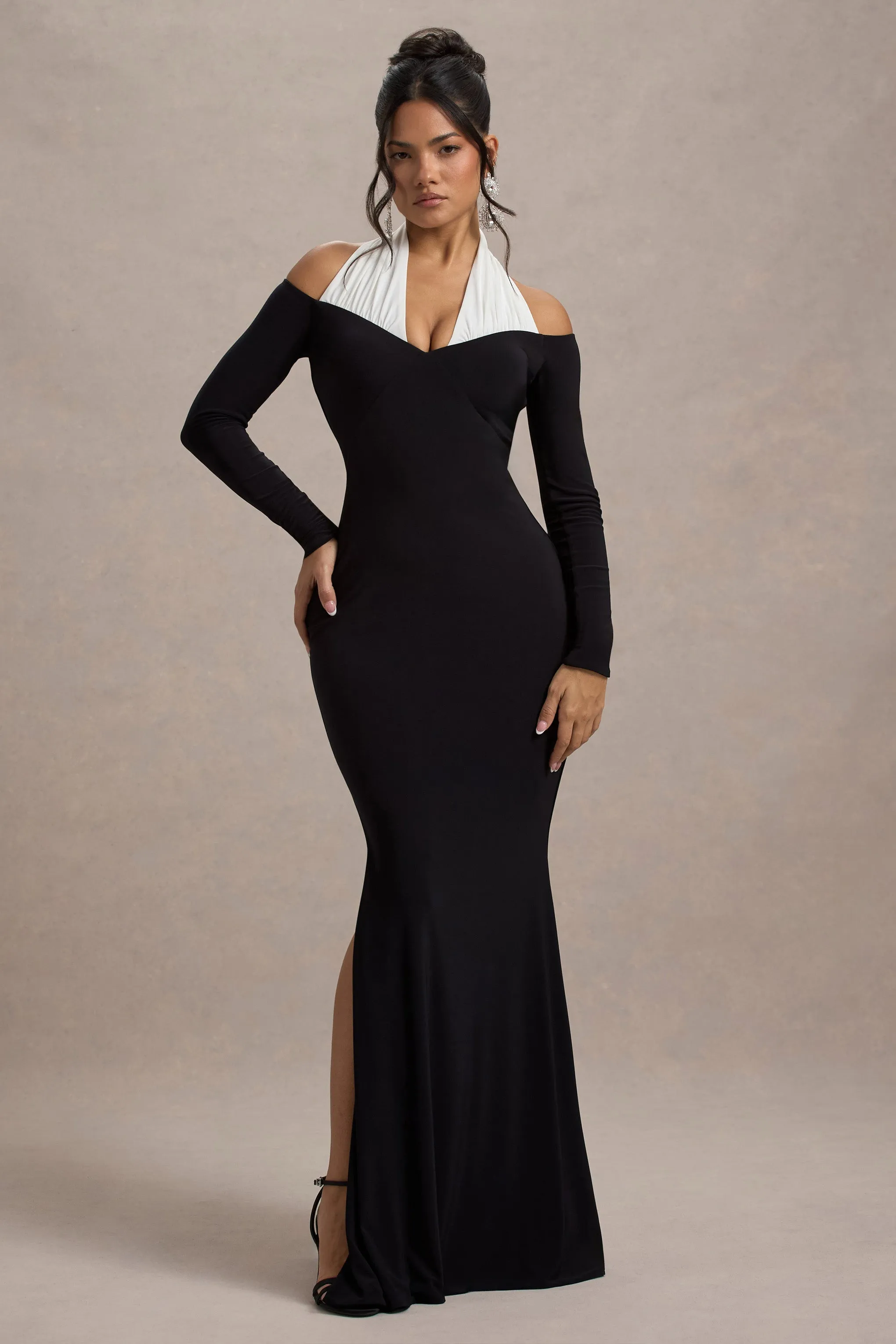 Living High | Black & White Halter-Neck Split Maxi Dress