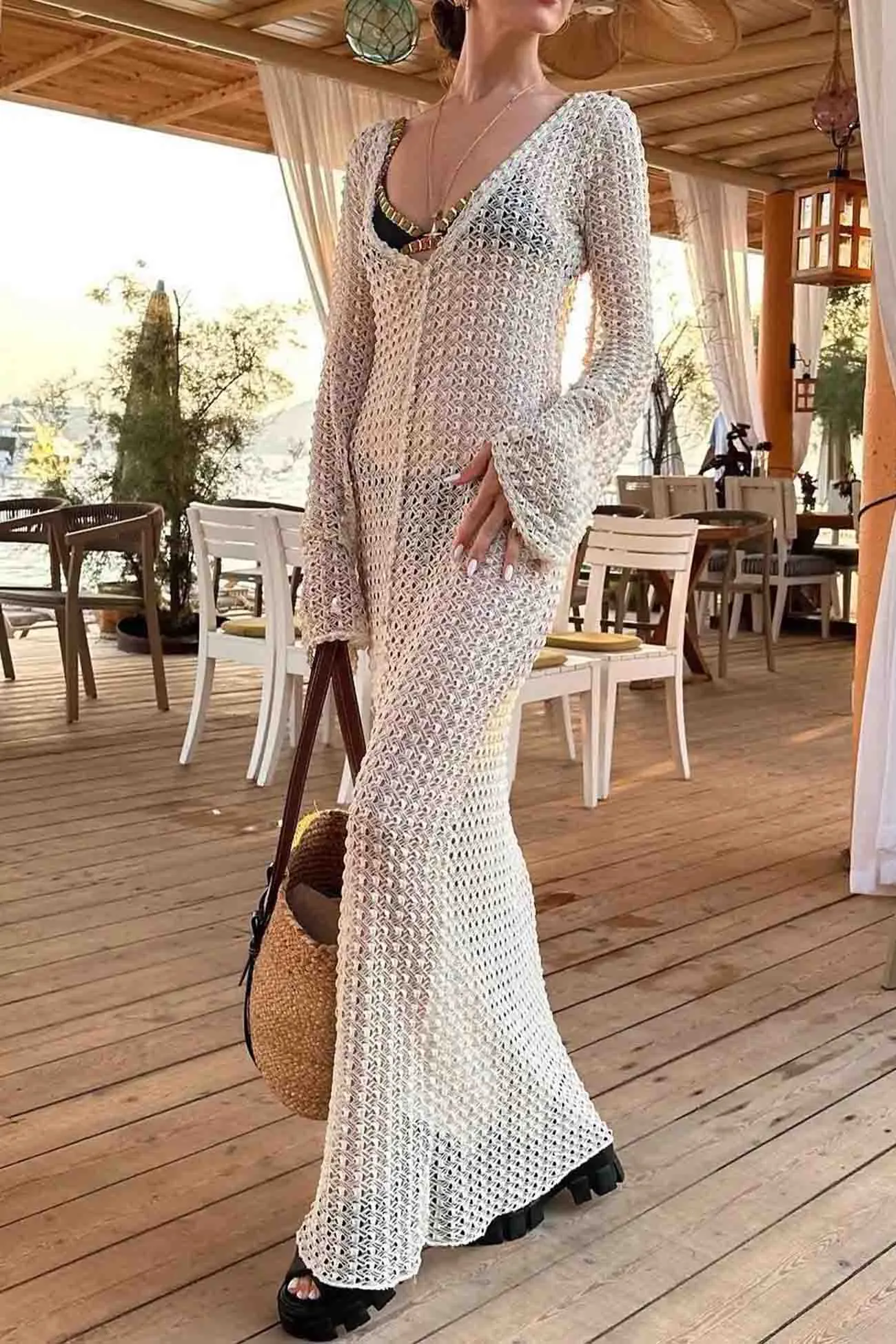 Long Sleeve Crochet Cutout Cover-up Dress