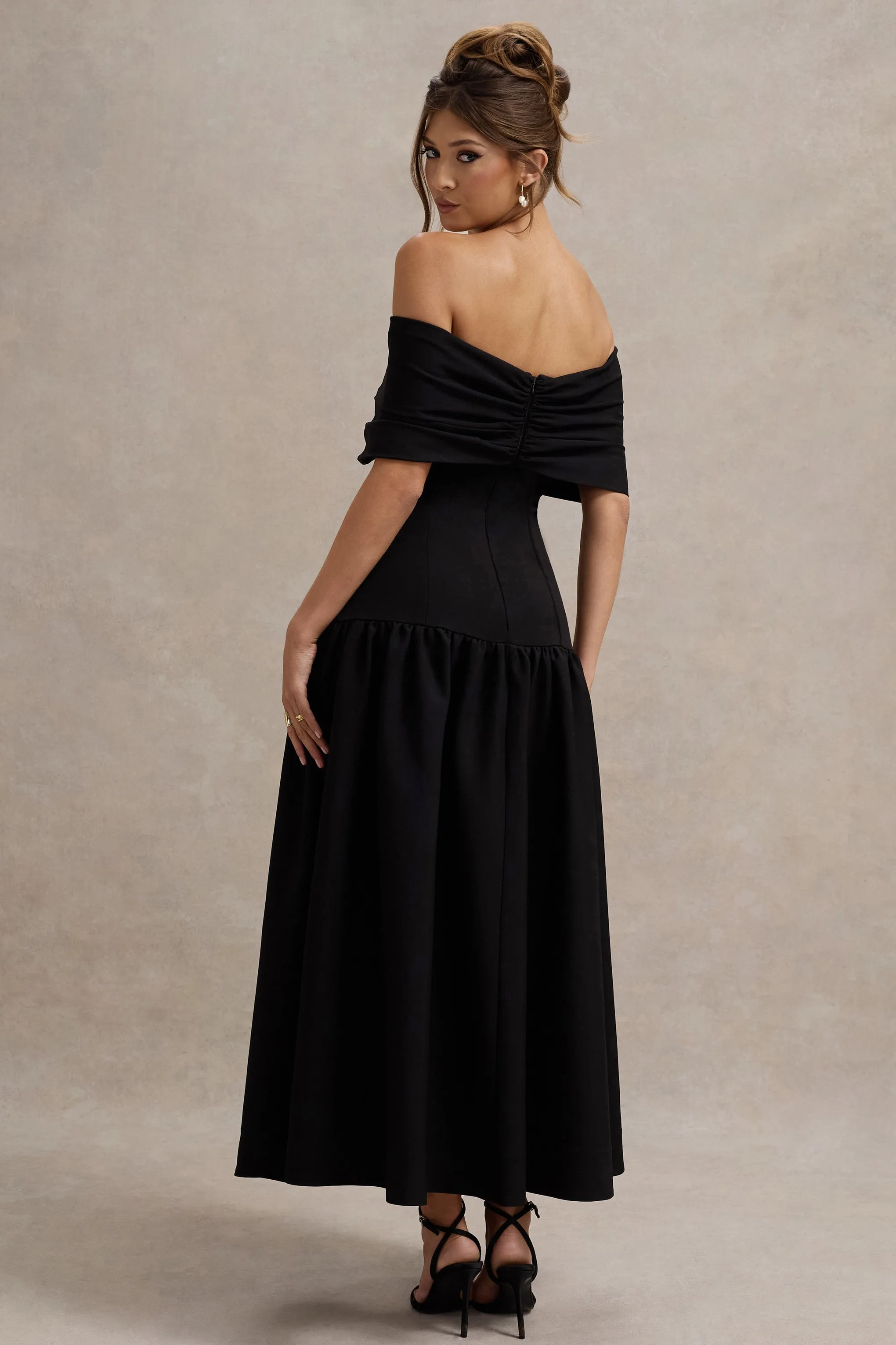 Marguerite | Black Twisted Bardot Drop-Waist Maxi Dress