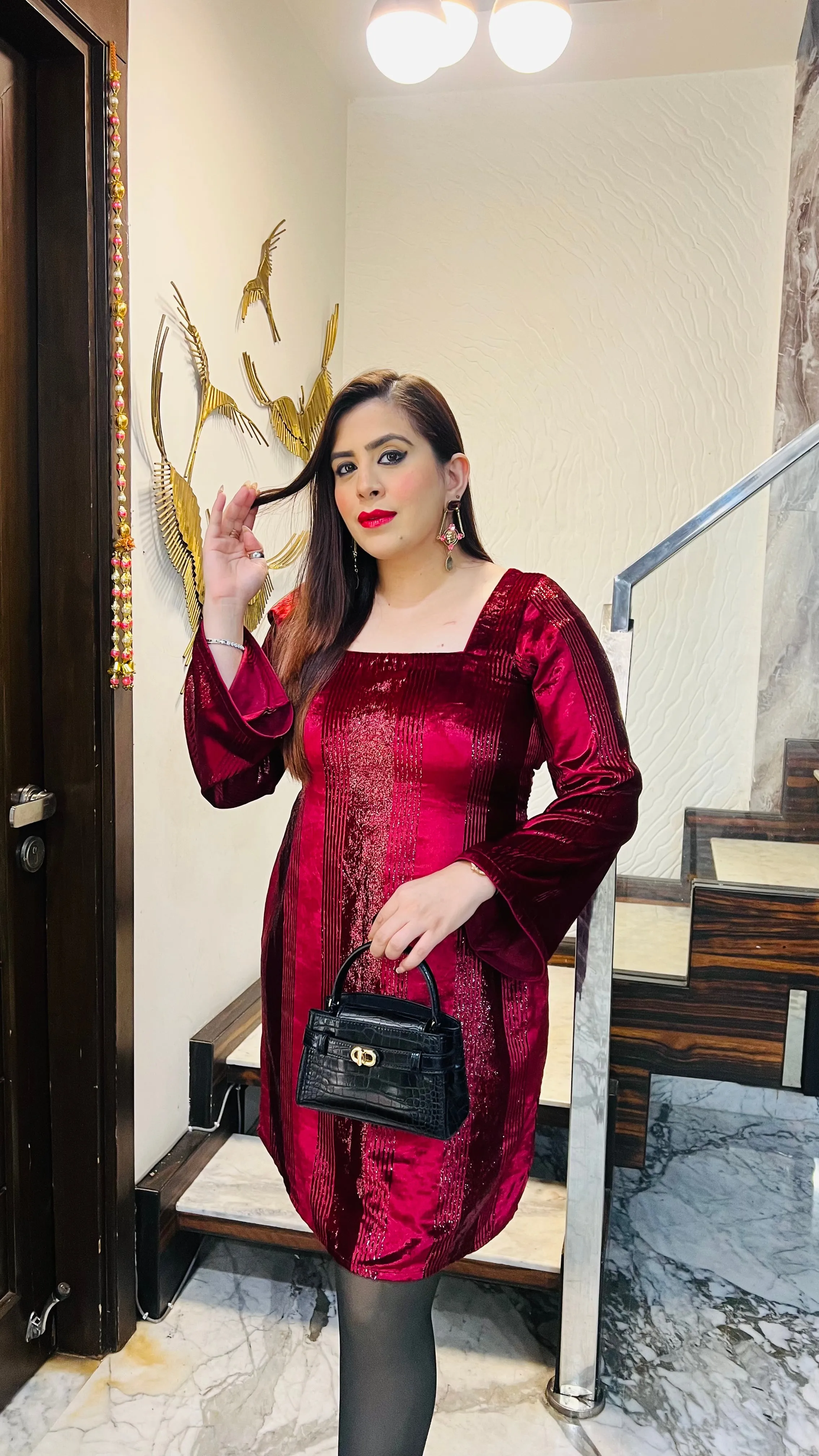 Maroon Foil Velvet Dress