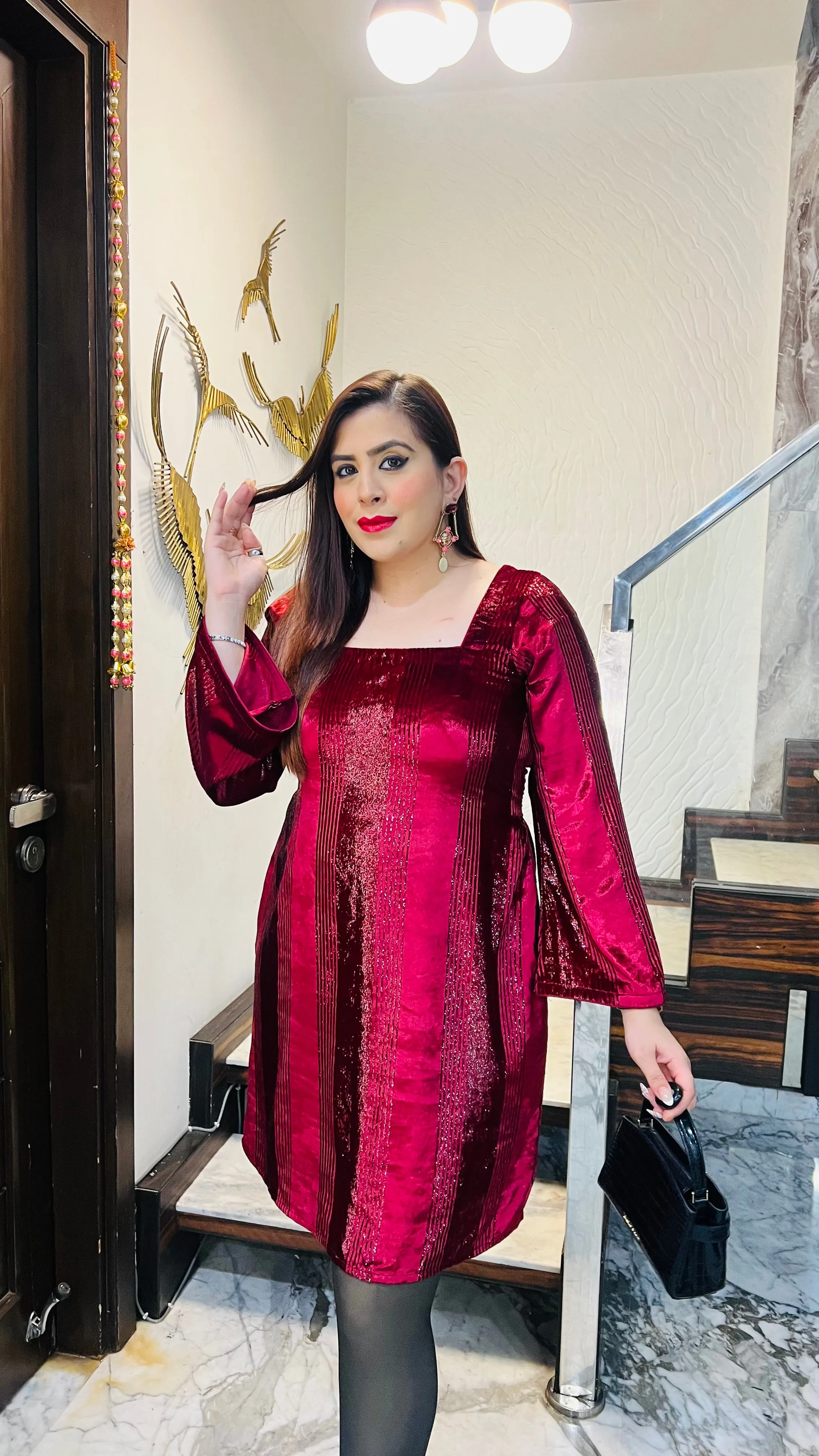 Maroon Foil Velvet Dress