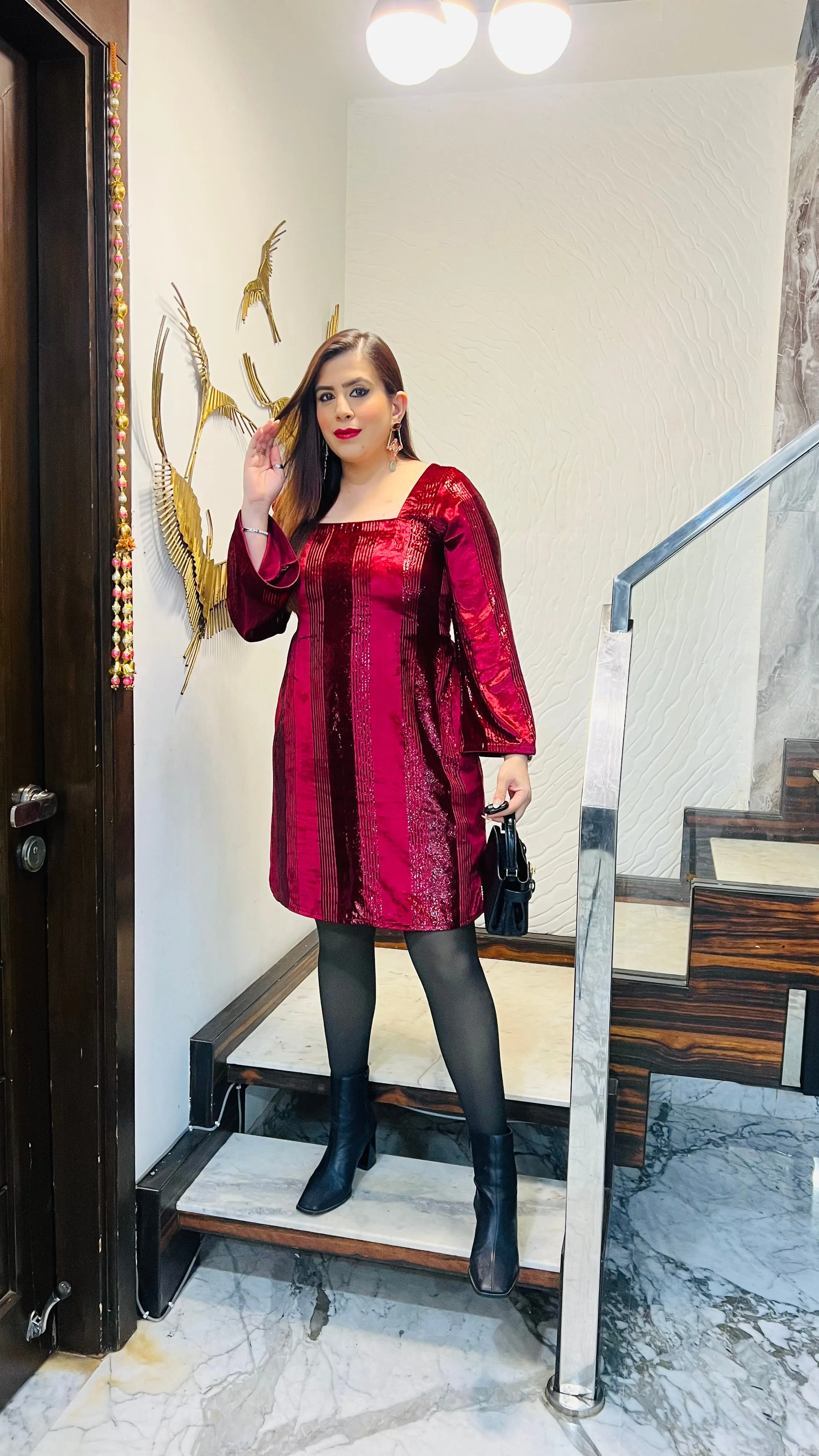 Maroon Foil Velvet Dress