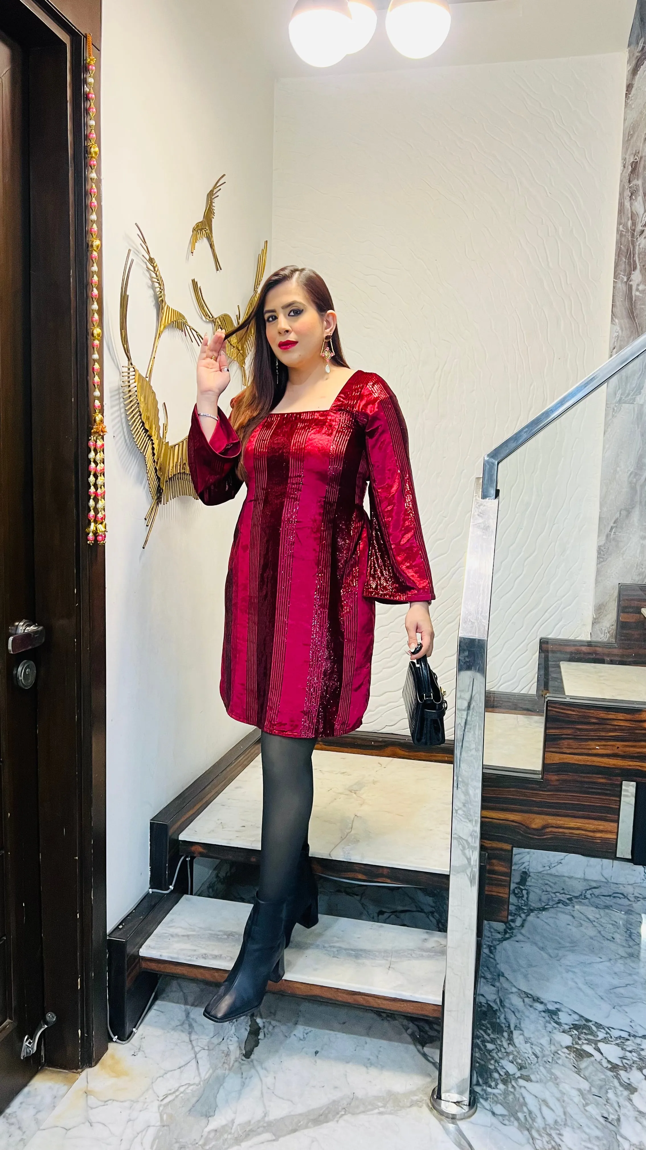 Maroon Foil Velvet Dress