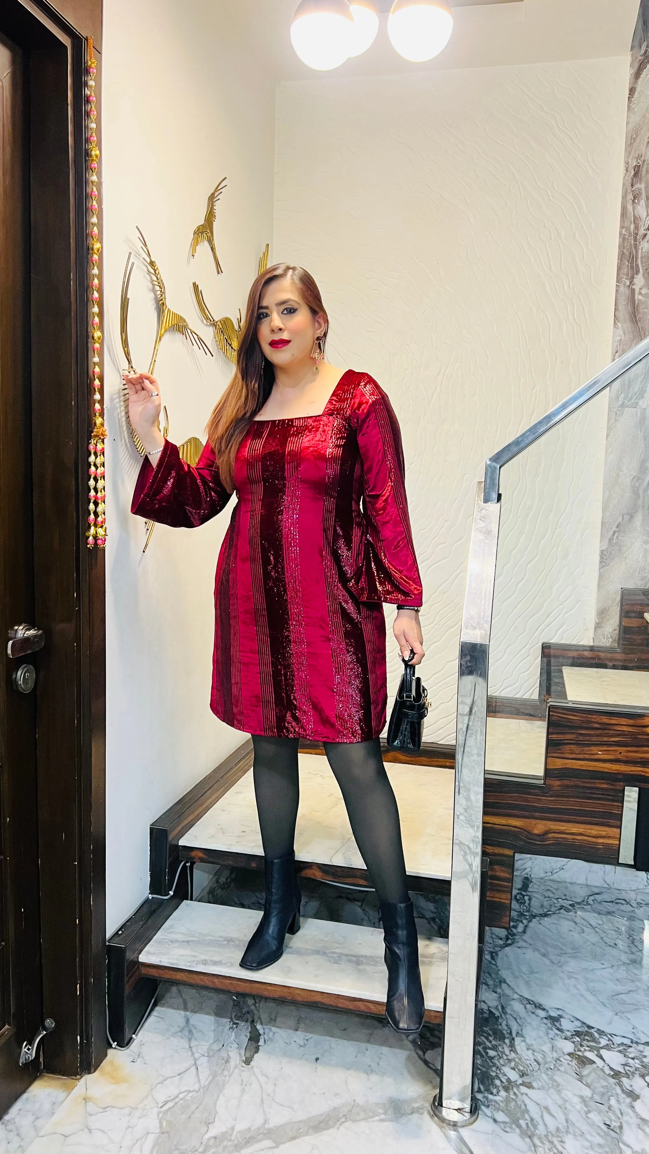 Maroon Foil Velvet Dress