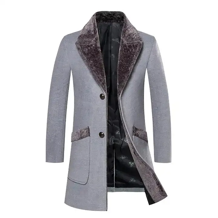 Men's Fur Collar Long Trench Coats Lapel Winter Wool Blend Jackets Single Breasted Overcoat | 224-8919