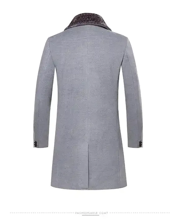 Men's Fur Collar Long Trench Coats Lapel Winter Wool Blend Jackets Single Breasted Overcoat | 224-8919