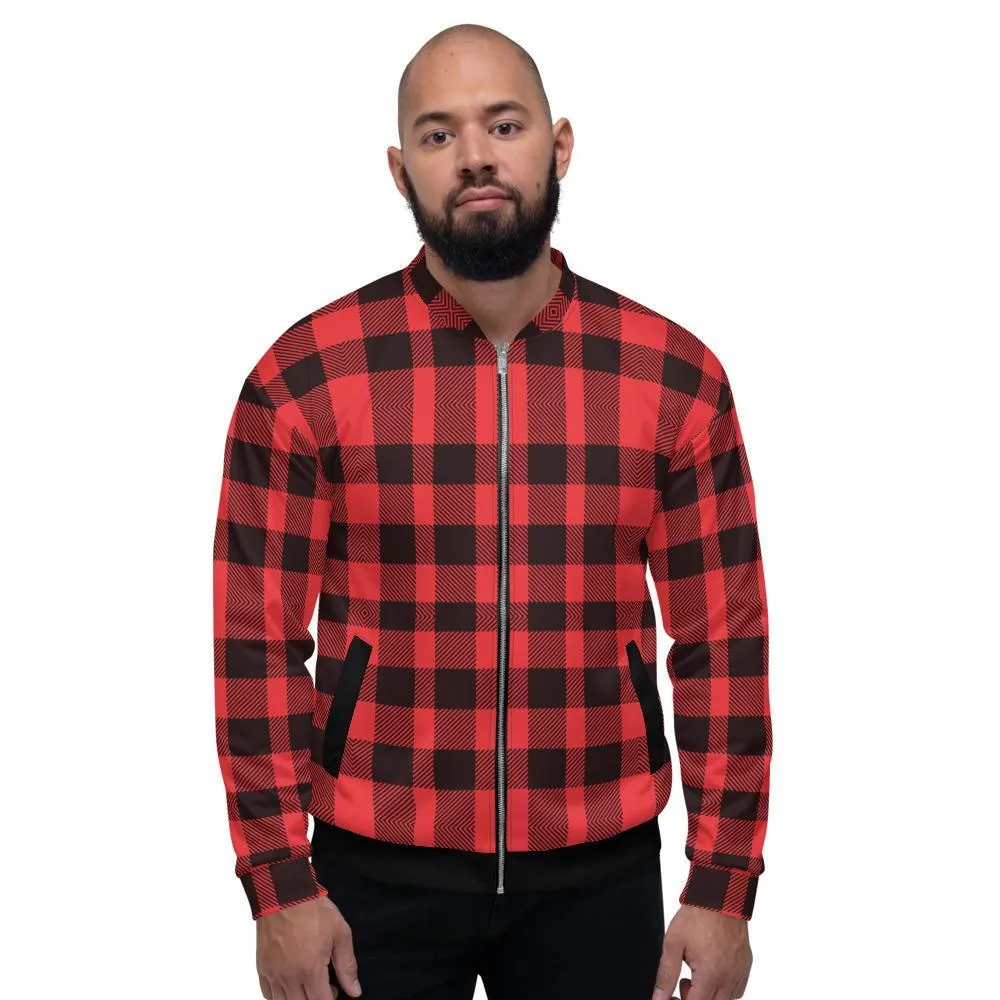 Mens Jacket - Edgy Plaid Colorblock Bomber Jacket Red/Black