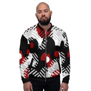 Mens Jacket - Retro Geometric Style Bomber Jacket Red/Multicolor