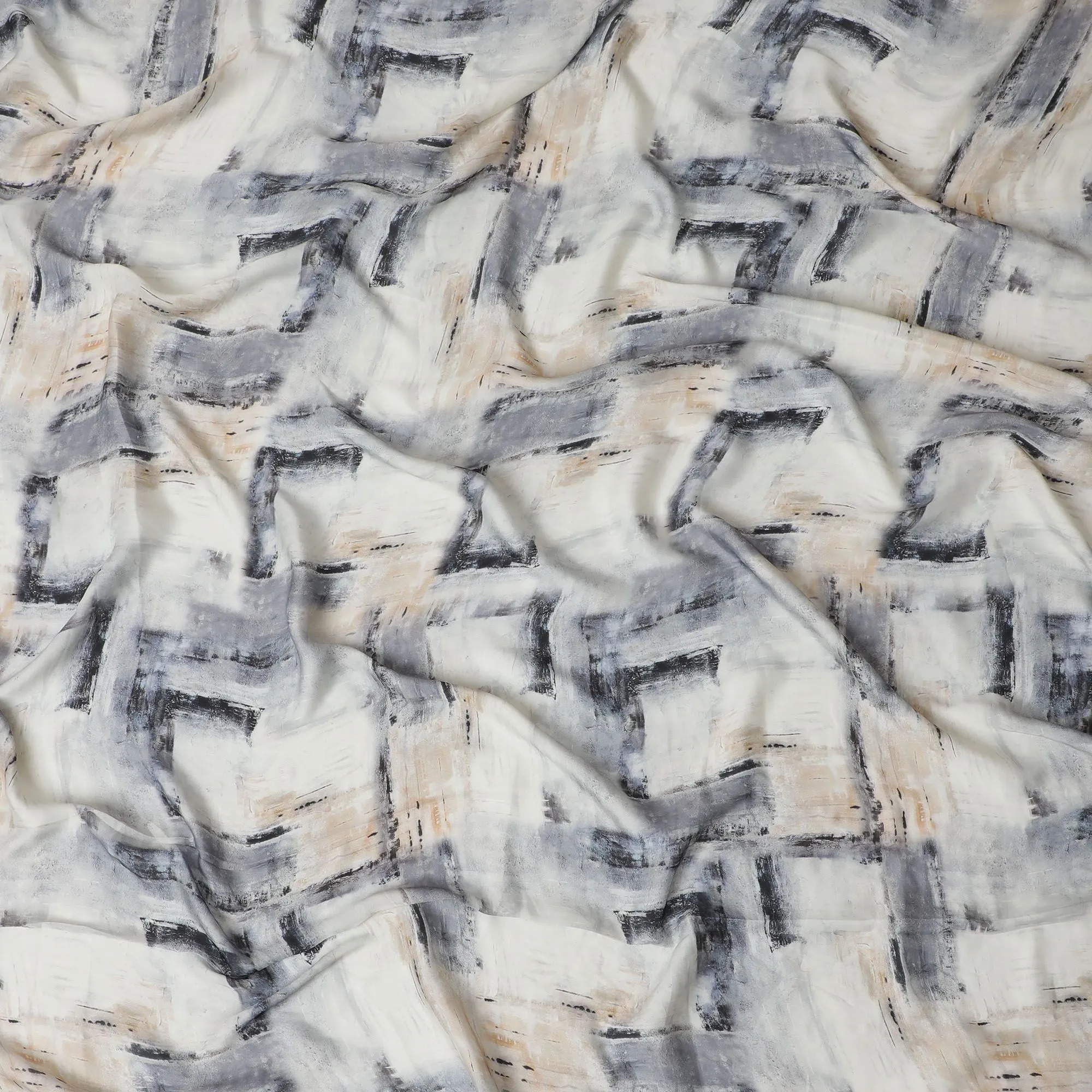 Modern Brushstroke Synthetic Modal Satin Fabric - Chic Monochrome Pattern, 110cm - Buy Online-D17983