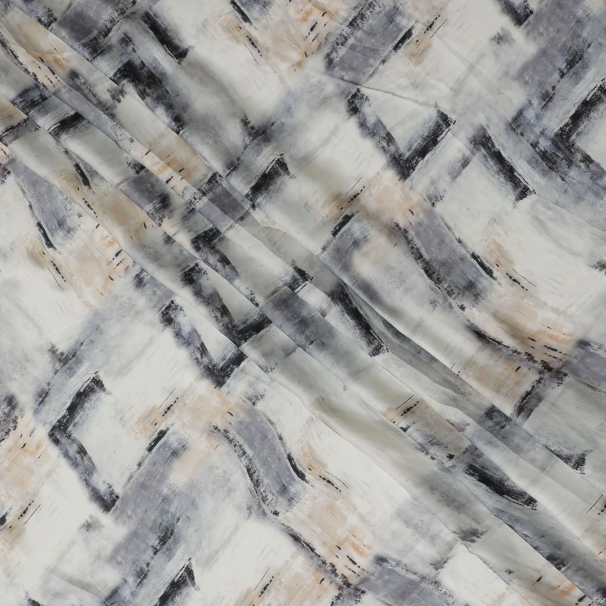 Modern Brushstroke Synthetic Modal Satin Fabric - Chic Monochrome Pattern, 110cm - Buy Online-D17983