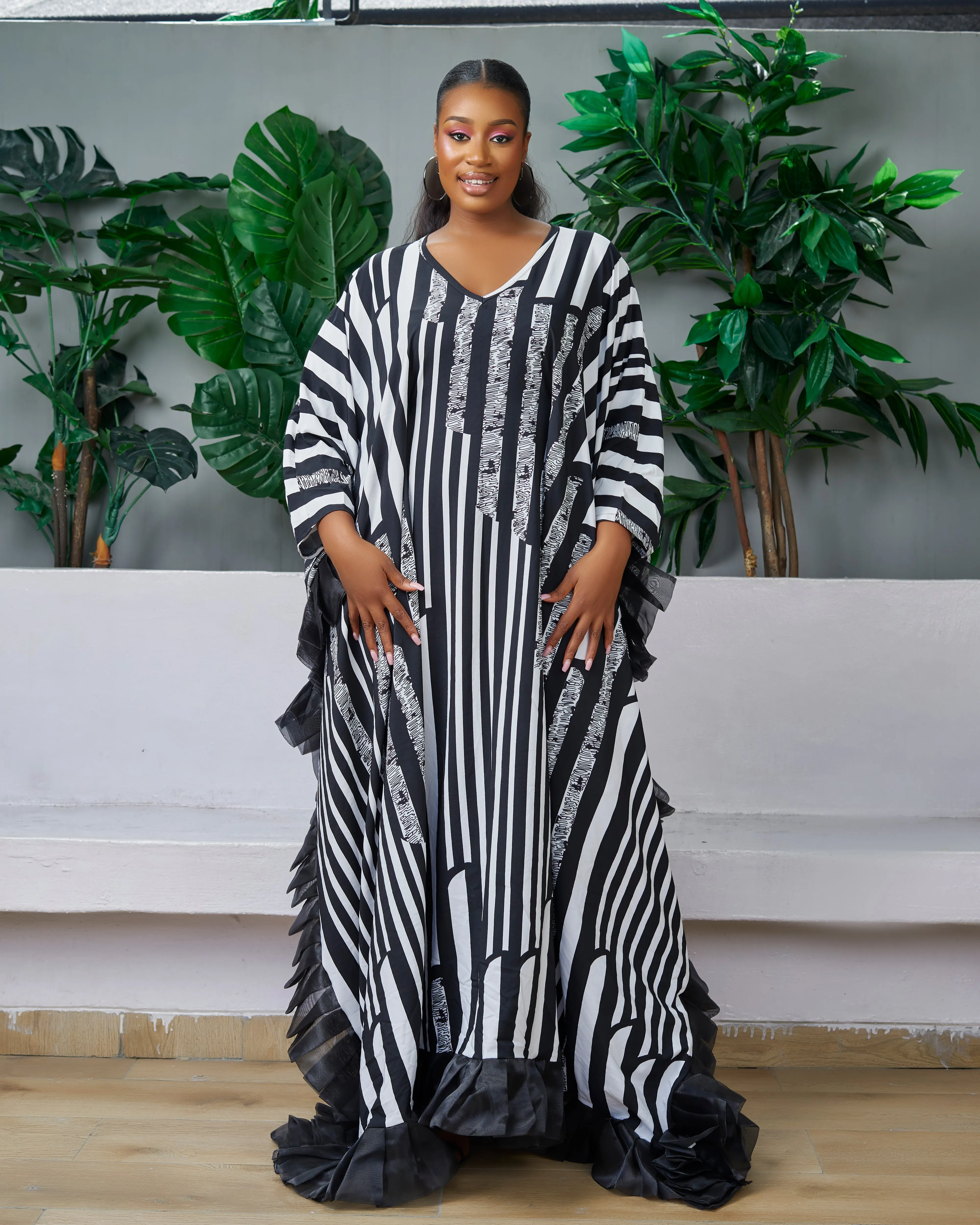 Monochrome African Inspired Kaftan Boubou Bubu Maxi Dress - Koko