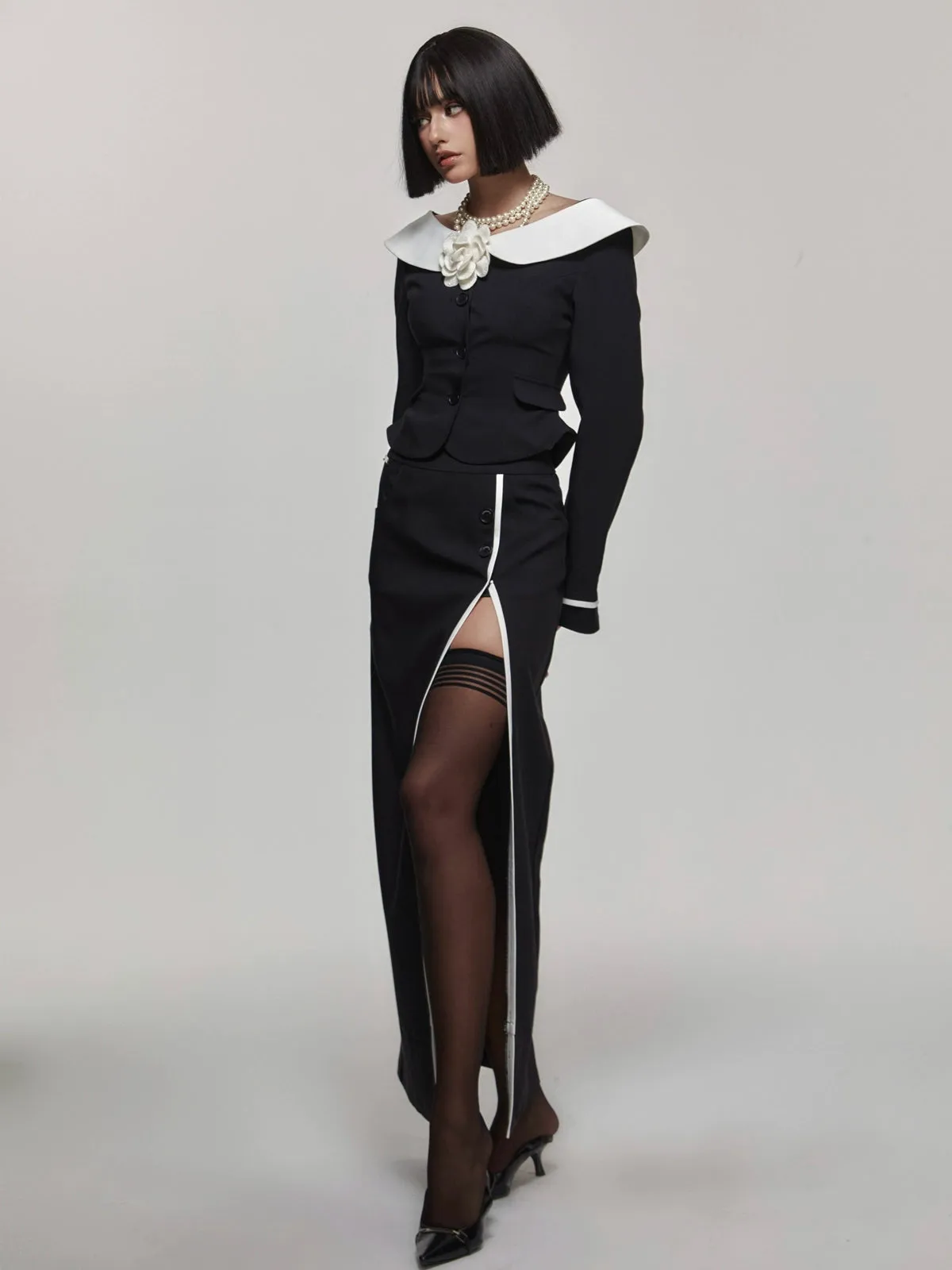 Monochrome Asymmetrical Blazer Set With Hourglass Top And Slimming Long Skirt